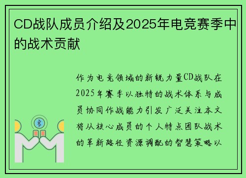 CD战队成员介绍及2025年电竞赛季中的战术贡献