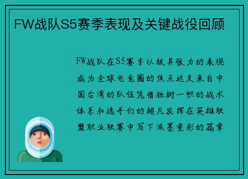 FW战队S5赛季表现及关键战役回顾